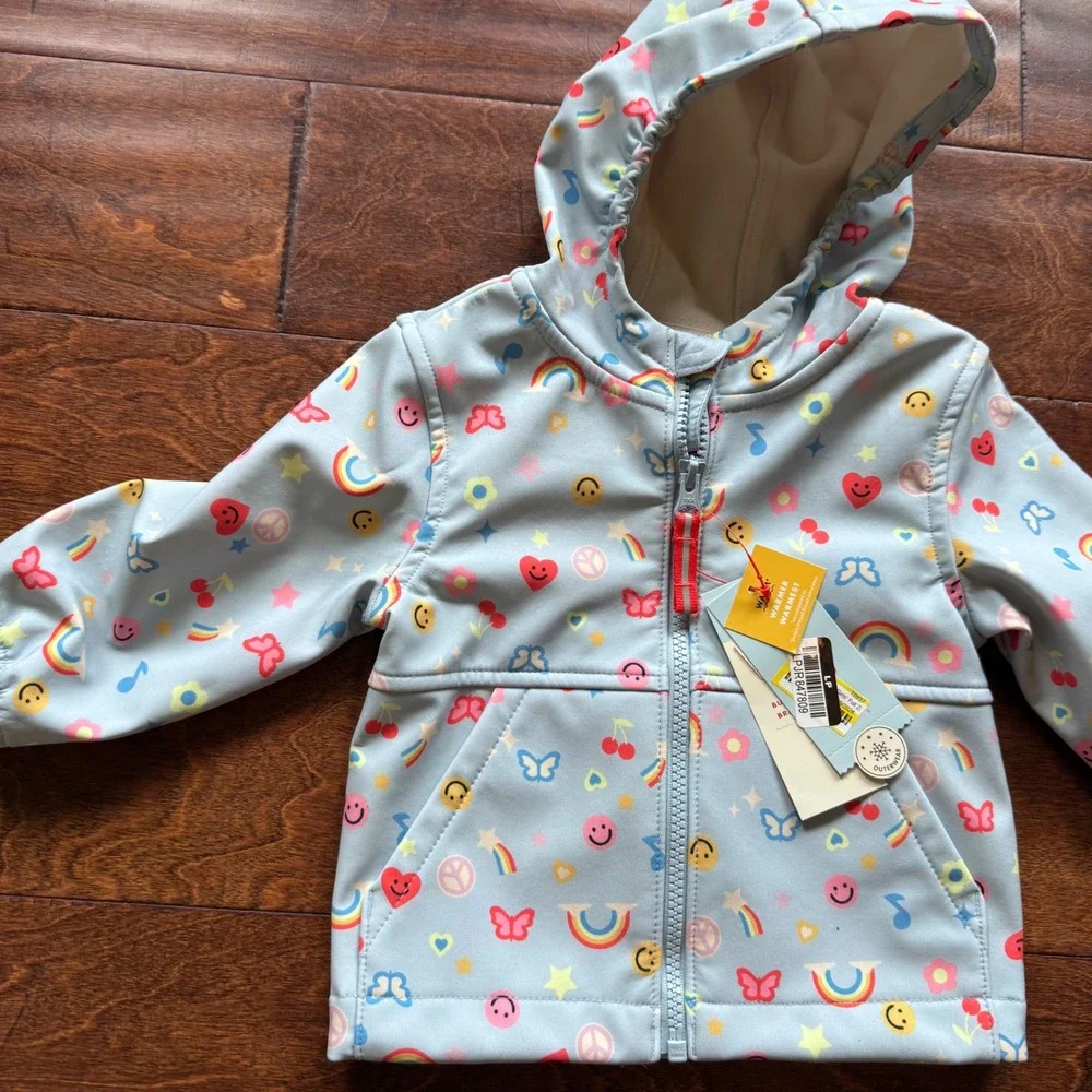Cat & Jack Baby Girls 12M Rainbow Smiley Softshell Jacket Light Blue NWT